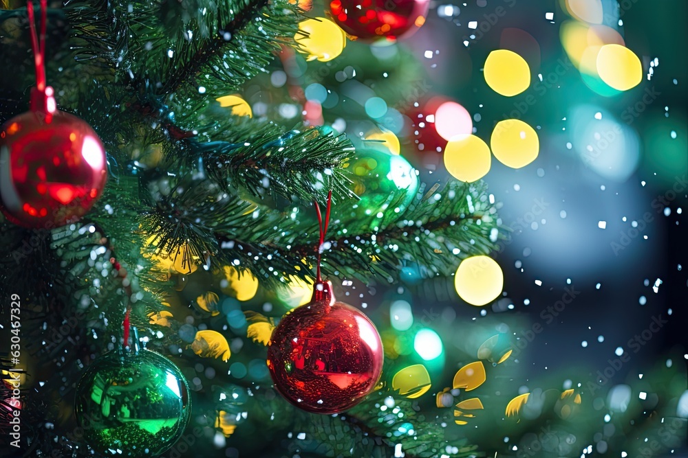 Christmas red and green balls on christmas tree with shiny garland. Indoors. Close up. Copy space. Generative AI. Christmas red and green balls on christmas tree with shiny garland. Indoors. Close up. Copy space. Generative AI.