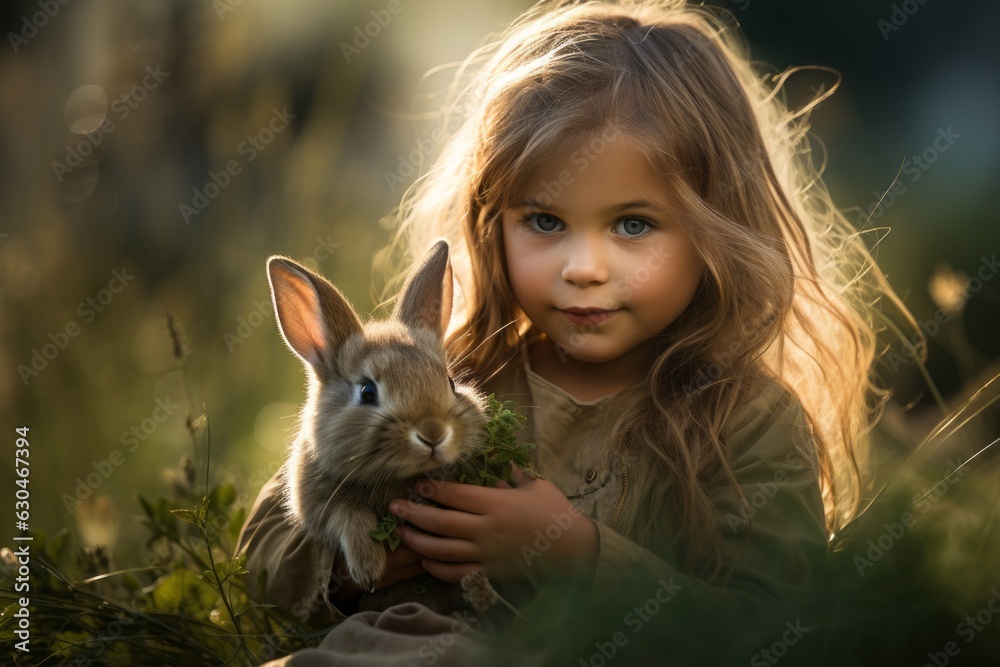 Little girl playing in grass with a rabbit Little girl playing in grass with a rabbit