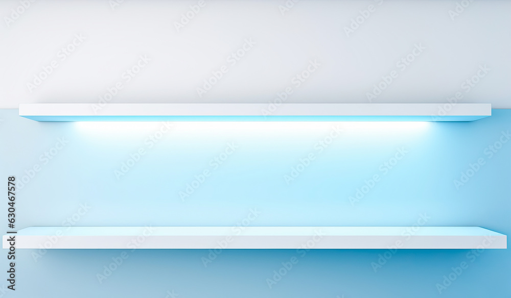 A front-facing display shelf attached to a wall, illuminated from behind on a pale green surface with shadow effects.. Ai generation A front-facing display shelf attached to a wall, illuminated from behind on a pale green surface with shadow effects.. Ai generation