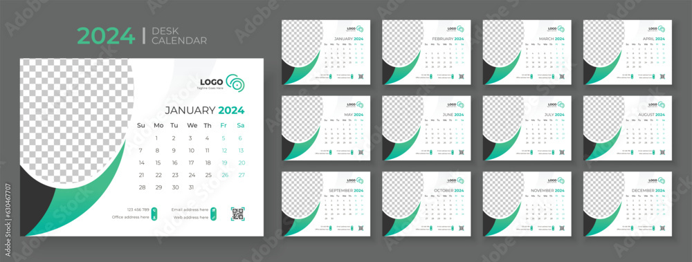 Desk Calendar 2024 template design Office Calendar 2024 Week Starts on