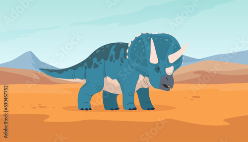 Prehistoric foot-and-mouth disease with horns on a desert background. Cartoon colored dinosaurs. Prehistoric cold-blooded foot-and-mouth disease. Extinct large animals. Vector illustration