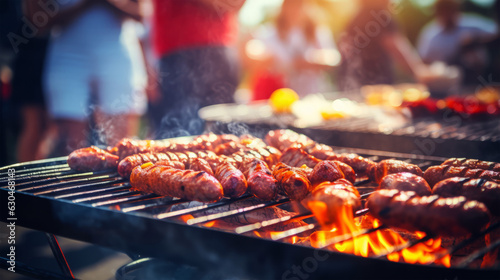 Grilled sausages cooking on a backyard grill during a summer BBQ - Food Photography