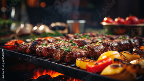 Grilled meat and vegetables sizzling on a summer barbecue - Food Photography
