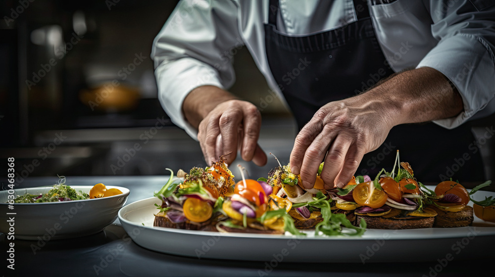 chef hand cooking food restaurant plate
