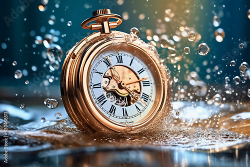 Pocket watch in water with water drops on it. Time concept. generative AI