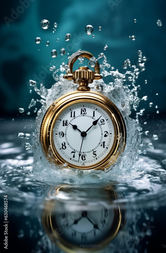 Pocket watch in water with water drops on it. Time concept. generative AI