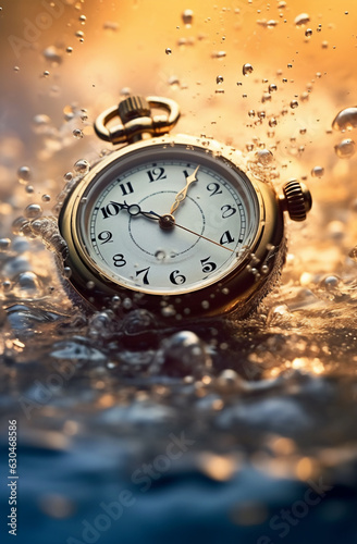 Wallpaper Mural Pocket watch in water with water drops on it. Time concept. generative AI Torontodigital.ca