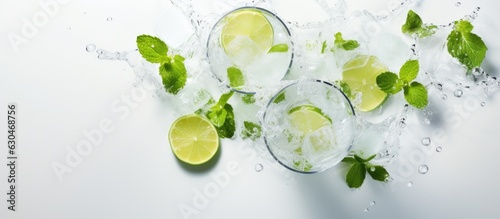 Mojito cocktail photographed from above on a light background with ice, mint, and lime, with space for text.