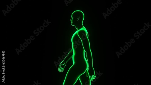 Animated character of a man walking on a black background.