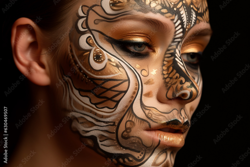 Portrait of beautiful woman with art make-up. Face with golden, black and white bodyart. Generative AI