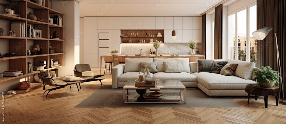 The living room is modern and has parquet flooring with chic furniture. The living room is modern and has parquet flooring with chic furniture.