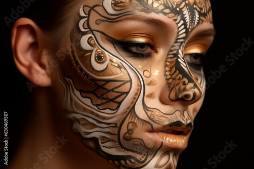Portrait of beautiful woman with art make-up. Face with golden, black and white bodyart. Generative AI
