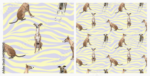Dogs original fabric. Elegant, soft seamless background, abstract pattern with Whippet illustrations for Dog Lovers. Birthday present wrapping paper. Cartoon Mongrel dogs in a playing dog pose.