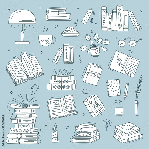 Doodle book collection. Educational Vector illustration, books set icon on dark background. Stack of books, lamp, vertical books. Reading books concept. World book day. Minimalism, monochrome
