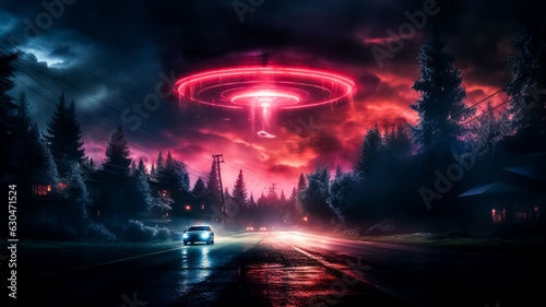 neon futuristic ufo saucer with glowing ,alien, invasion, sighting, galaxy, fly, technology,generative ai