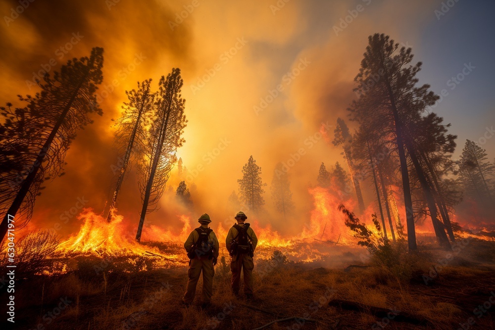 silhouette of firefighters against the backdrop of a burning forest.