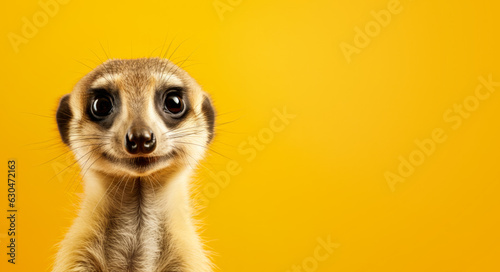 Cute meerkat or suricate mongoose with happy positive smiling expression. Wide banner copy space on side. Generative AI photo