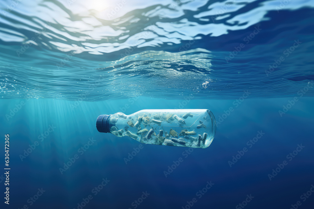 A plastic bottle dropped into the world's oceans. Close-up of bottle dropped under blue sea water. Creative concept of plastic pollution of the world ocean. 3d render illustration style. A plastic bottle dropped into the world's oceans. Close-up of bottle dropped under blue sea water. Creative concept of plastic pollution of the world ocean. 3d render illustration style.