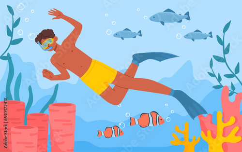 Diving boy with mask concept. Young guy underwater with fish. Man in yellow swimsuit near reefs and corrals. Sea and ocean. Holiday and vacation, travel. Cartoon flat vector illustration
