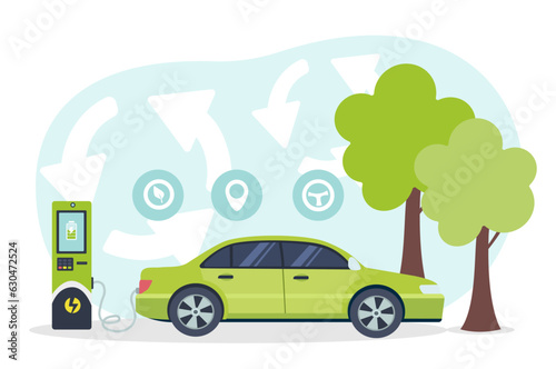 Fototapeta Naklejka Na Ścianę i Meble -  Eco green car charging concept. Susatinable lifestyle and care about nature, reduction of waste and CO2 emissions into atmosphere. Poster or banner for website. Cartoon flat vector illustration