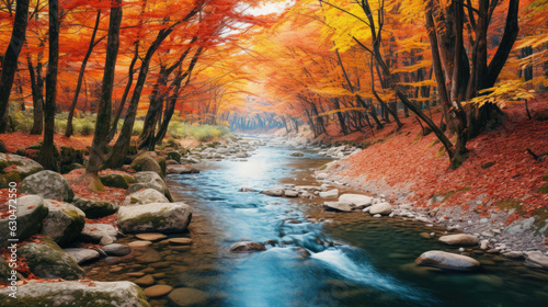 Autumn river yellow fall leaves landscape background © stocker