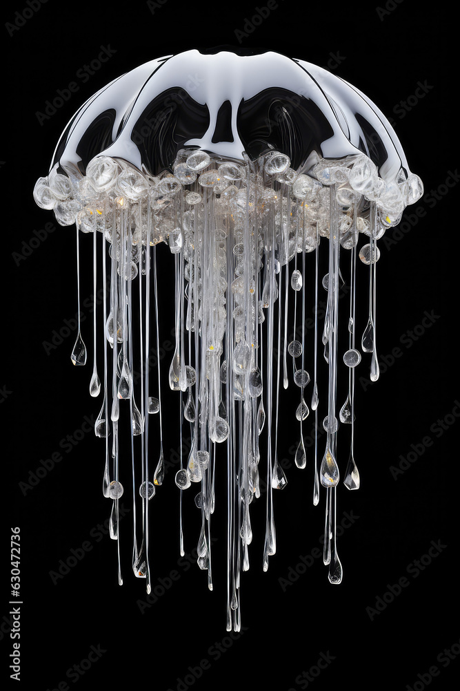 Glass translucent white jellyfish with dangling diamonds isolated on a black background. Vertical format. 3d render illustration style