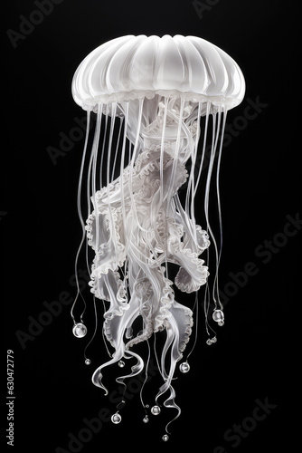 Glass translucent white jellyfish with dangling diamonds isolated on a black background. Vertical format. 3d render illustration style