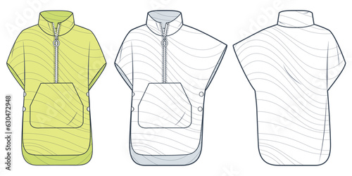 Down Jacket Vest technical fashion Illustration, yellow design. Waistcoat, Puffer Poncho fashion flat technical drawing template, sleeveless, front, back view, white, women, men, unisex CAD mockup set