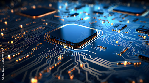 a microchip on a motherboard, futuristic concept of a new processor technology (generative AI) photo
