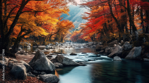 Autumn river yellow fall leaves landscape background