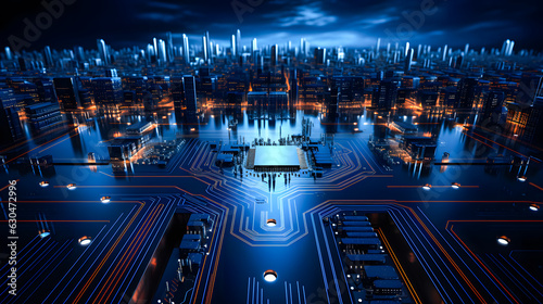 futuristic concept of a digital city with a microchip in the foreground (generative AI)