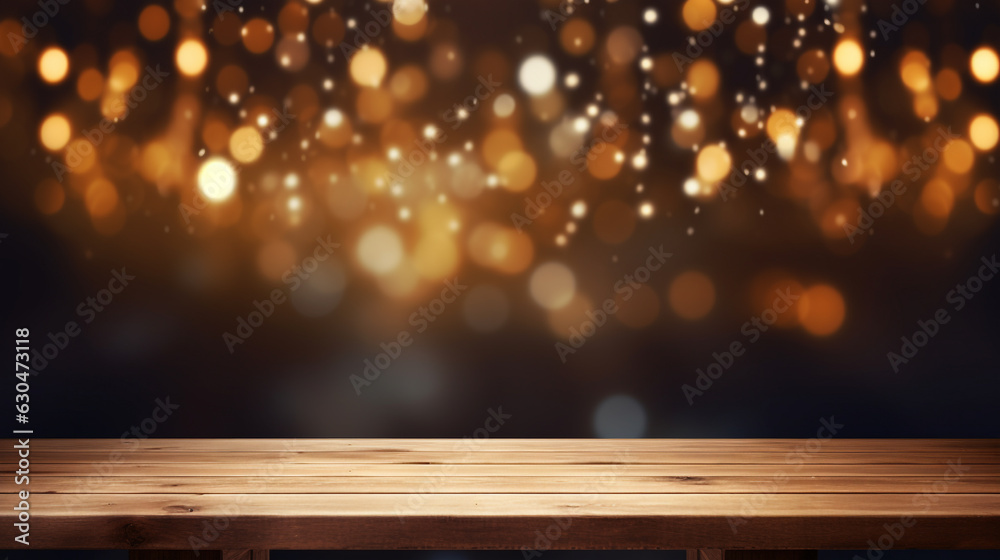 Empty Wooden Table Top with Blurred Bokeh Lights in The Background