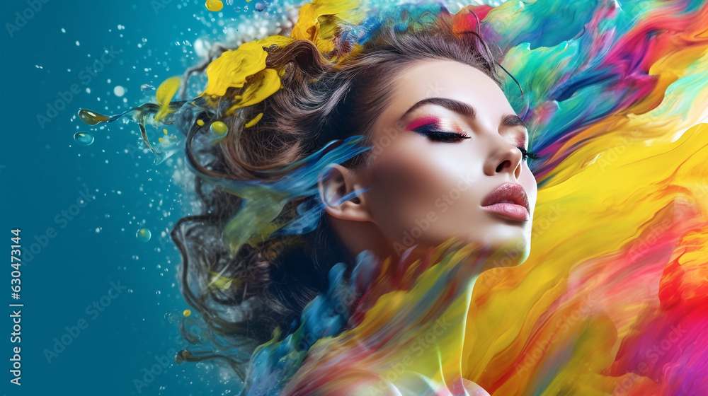 Art Portrait of a beautiful woman with bright makeup and colorful water splashes. Portrait of a attractive girl  with colorful splashes on her face. Concept - Beauty, Cosmetics,  Makeup. AI generated.