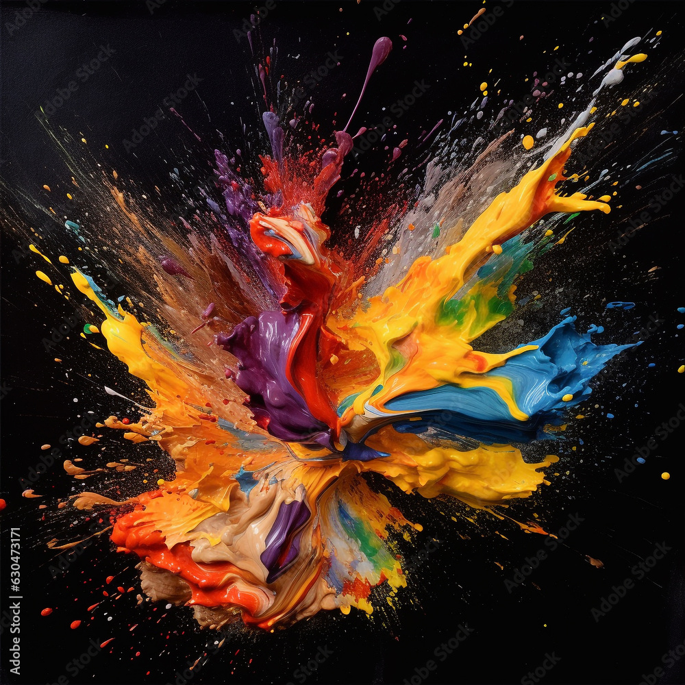 Colorful oil paint splashes on black background.  Acrylic colors.  illustration of multicolored oil splashes . Bright vivid acrylic splashes. AI generated