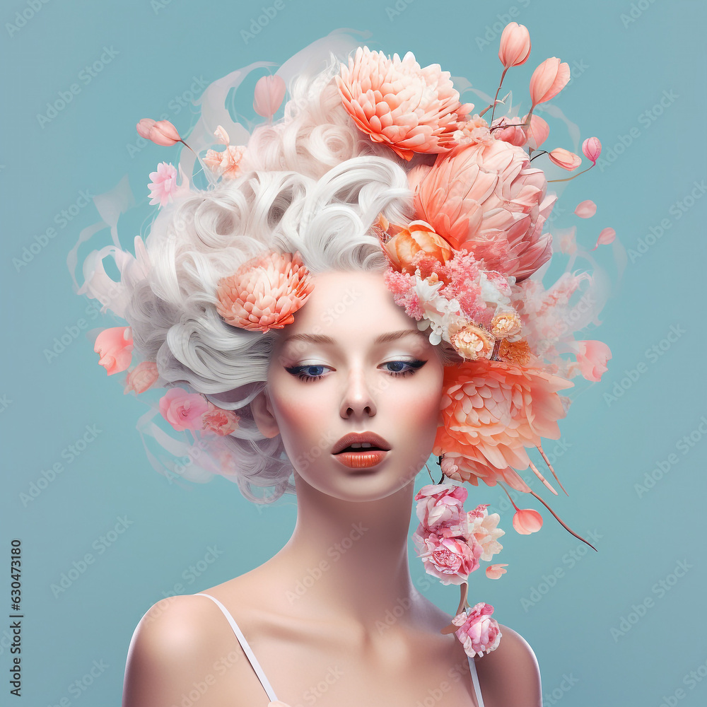 Fashion portrait of beautiful young woman with orange flowers in her hair, blue background. Beauty, Fashion. Girl with natural makeup and creative hairstyle. Art portrait. Spring and summer concept.