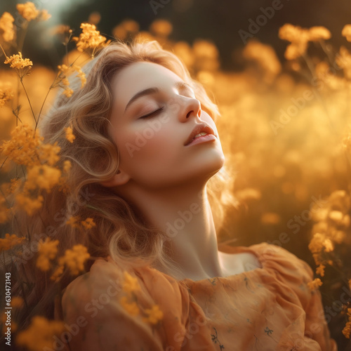 portrait of a beautiful girl in a yellow dress in the field with yellow flowers. Beautiful young girl in a field with meadow flowers. Young woman feels togetherness with a nature. Happiness concept.
