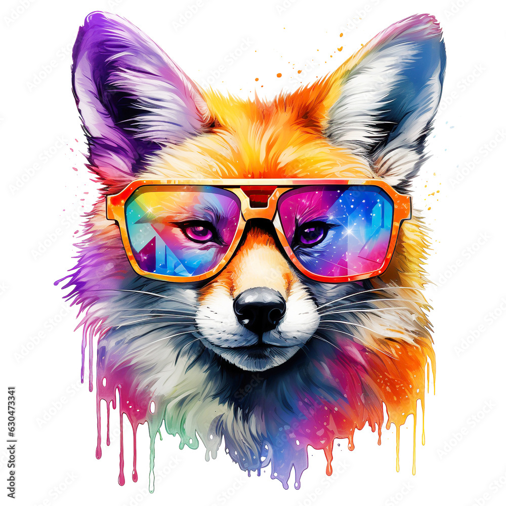 Cartoon colorful fox with sunglasses no background, isolated, png