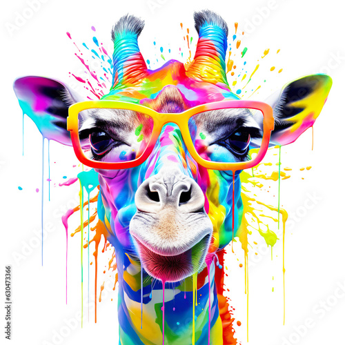 Cartoon colorful giraffe with sunglasses no background, isolated, png
