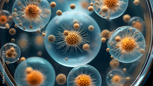 a petri dish with spores and bacteria(Generative AI) photo