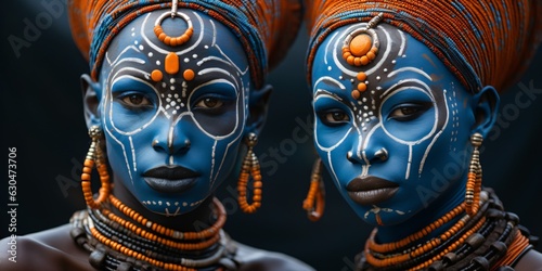 two tribal women side by side in blue and orange, black women with traditional african headdress, fictional persons created with generative ai