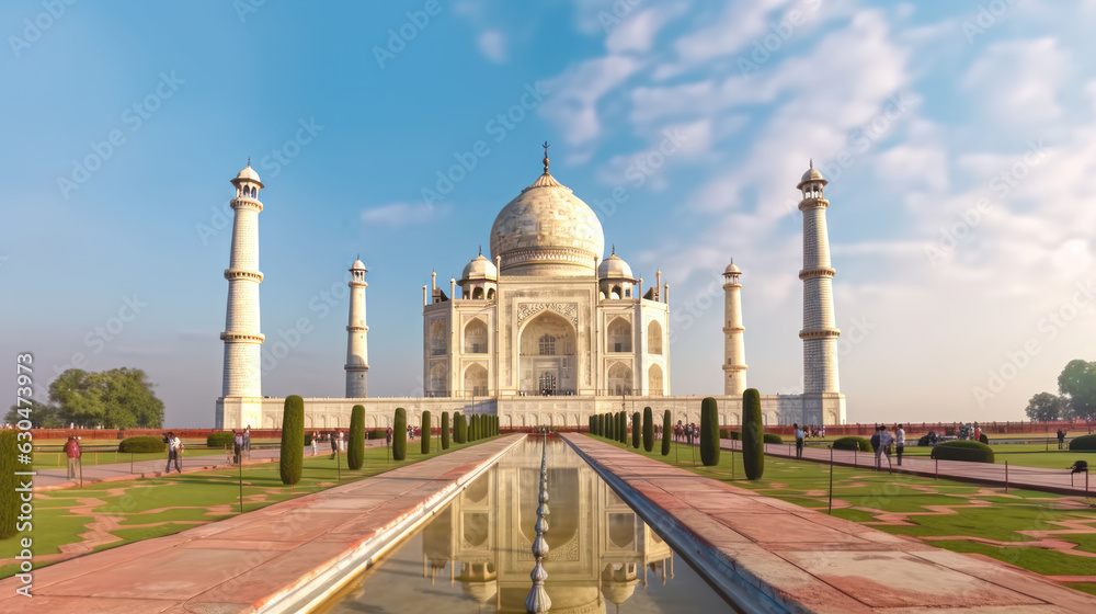 Taj Mahal in Sunlight White Marble Palace and Mosque with a Blue Sky of the Iconic Monument AI Generated