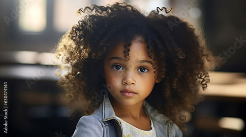 Portrait of little curly girl in school. Generative AI