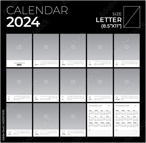 Calendar 2024, Portrait, Minimal Design, Photo, Week start Sunday template.