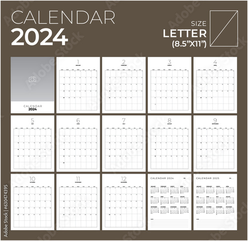 Calendar 2024, Portrait, Minimal Table Design, Week start Sunday template.
