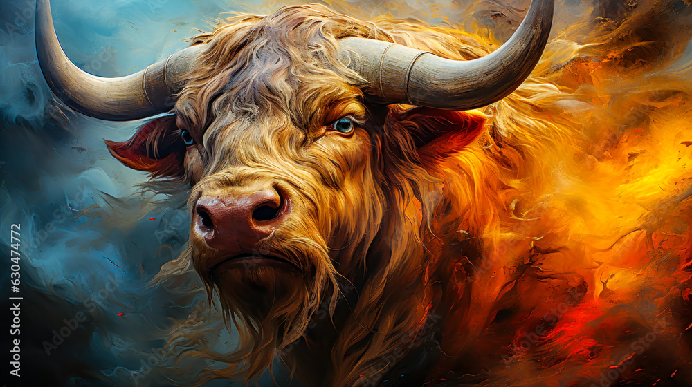A Highland Cow in Flames A Dramatic and Artistic Wild Hairy Animal Painting with Large Horns AI Generated