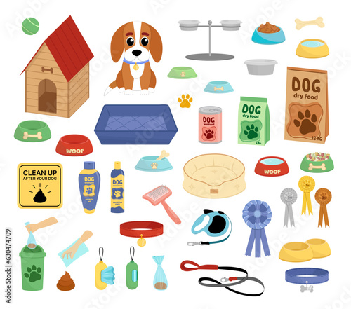 Goods for dog. Set of objects for dog care. Pet shop. Flat cartoon