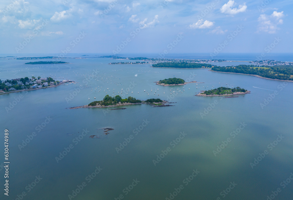 Sarah Island and Ragged Island aerial view in Hingham Harbor in town of Hingham near Boston, Massachusetts MA, USA. These Islands belong to Boston Harbor Islands Park. 