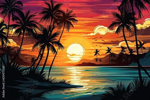 A tropical beach with palm trees is sun setting. (Generative AI)