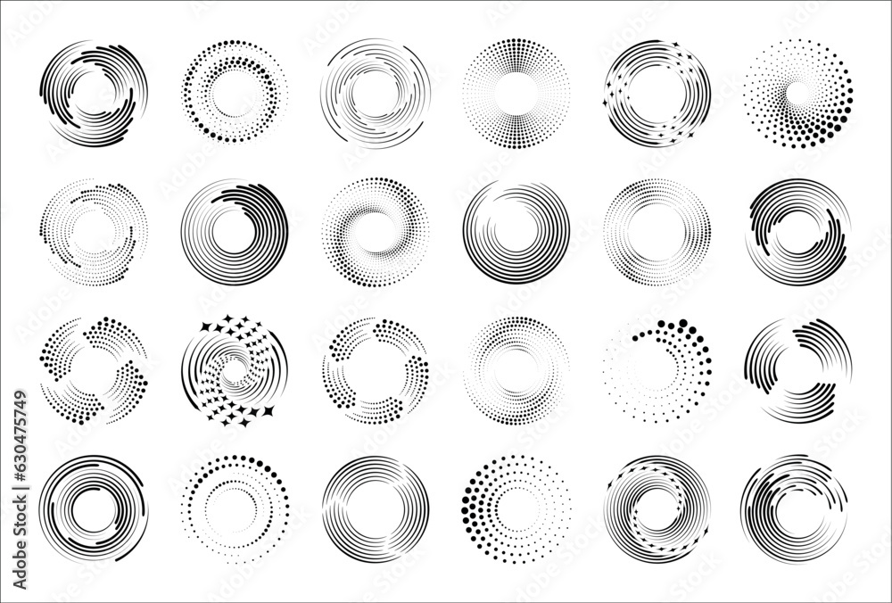 Speed lines in circle form. Set symbols of motion, speed, radiance ...