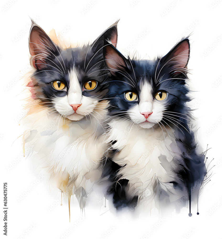 Drawn and Colored of Cute Black and White Cats Portrait on White Background. Watercolor art illustration
Drawn and Colored of Cute Black and White Cats Portrait on White Background. Watercolor art illustration